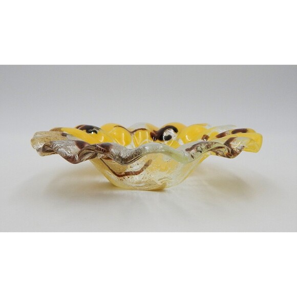 Sydenstricker Fused Glass Yellow Orchid Flower Ruffled Bowl Trinket 6-3/4 Inch - Picture 2 of 6
